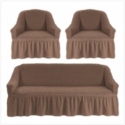 Huse Elastice si Creponate cu Volan, Canapea 3 Persoane + 2 Huse Fotolii, Bej cacao cu lapte, HCVF-013