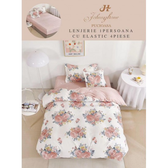 Lenjerie Finet, 4 Piese, Pat 1 persoana, cearsaf cu ELASTIC, Crem-Multicolor, flori, LOP-001 Lenjerii FInet 1 Persoana cu ELASTIC