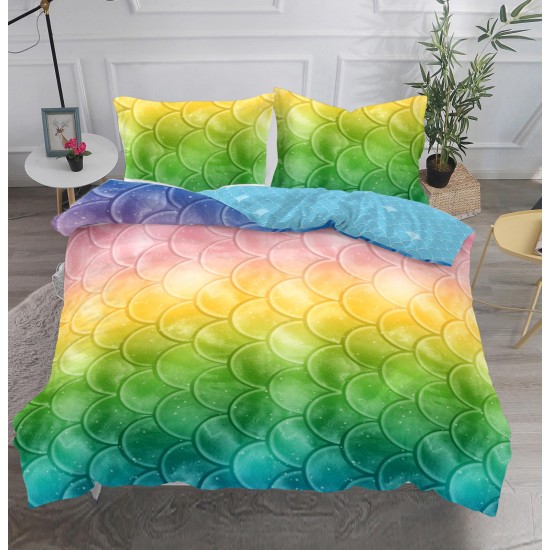 Lenjerie pat dublu, 4 piese, Bumbac Satinat Superior, Multicolor, solzi, LDBS-142 Oferta Trio 199