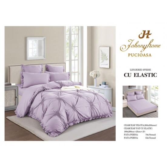 Lenjerie pat dublu finet 6 piese cu volănaș, inimioare brodate și cearceaf cu elastic–lila, LDI-046 Lenjerii cu Pliuri