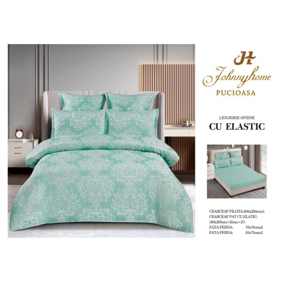 Set lenjerie de pat cu elastic, bumbac tip jacquard, 6 piese, pat 2 persoane, Vernil, LDJ-016 Lenjerii Jacquard cu Finet