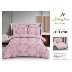 Set lenjerie de pat cu elastic, bumbac tip jacquard, 6 piese, pat 2 persoane, Roz, LDJ-017
