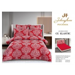 Set lenjerie de pat cu elastic, bumbac tip jacquard, 6 piese, pat 2 persoane, Rosu, LDJ-018