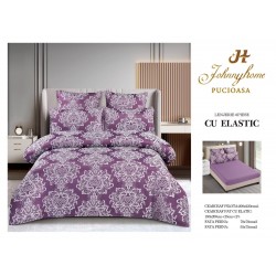 Set lenjerie de pat cu elastic, bumbac tip jacquard, 6 piese, pat 2 persoane, Mov, LDJ-020