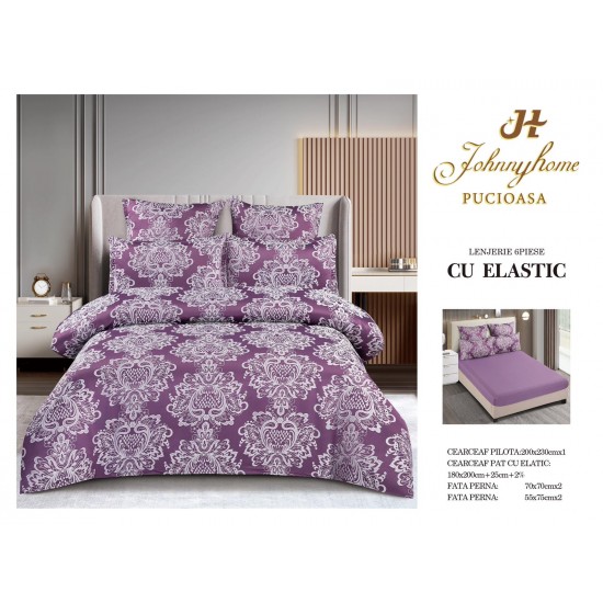 Set lenjerie de pat cu elastic, bumbac tip jacquard, 6 piese, pat 2 persoane, Mov, LDJ-020 Lenjerii Jacquard cu Finet