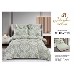Set lenjerie de pat cu elastic, bumbac tip jacquard, 6 piese, pat 2 persoane, Verde deschis, LDJ-021