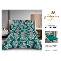 Set lenjerie de pat cu elastic, bumbac tip jacquard, 6 piese, pat 2 persoane, Verde inchis, LDJ-022