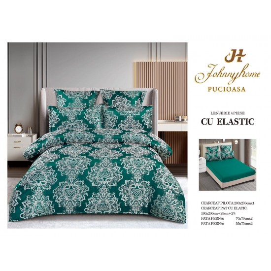 Set lenjerie de pat cu elastic, bumbac tip jacquard, 6 piese, pat 2 persoane, Verde inchis, LDJ-022 Lenjerii Jacquard cu Finet