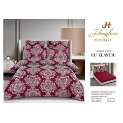 Set lenjerie de pat cu elastic, bumbac tip jacquard, 6 piese, pat 2 persoane, Bordo, LDJ-023
