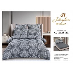 Set lenjerie de pat cu elastic, bumbac tip jacquard, 6 piese, pat 2 persoane, Gri, LDJ-024