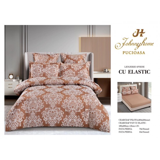 Set lenjerie de pat cu elastic, bumbac tip jacquard, 6 piese, pat 2 persoane, Bej, LDJ-025 Lenjerii Jacquard cu Finet