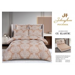 Set lenjerie de pat cu elastic, bumbac tip jacquard, 6 piese, pat 2 persoane, Crem, LDJ-026