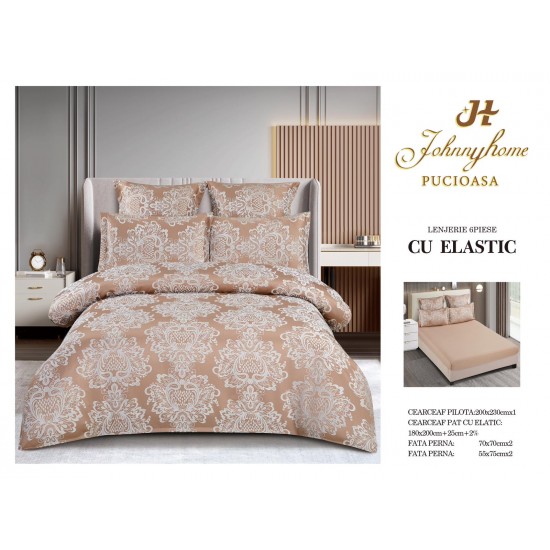 Set lenjerie de pat cu elastic, bumbac tip jacquard, 6 piese, pat 2 persoane, Crem, LDJ-026 Lenjerii Jacquard cu Finet