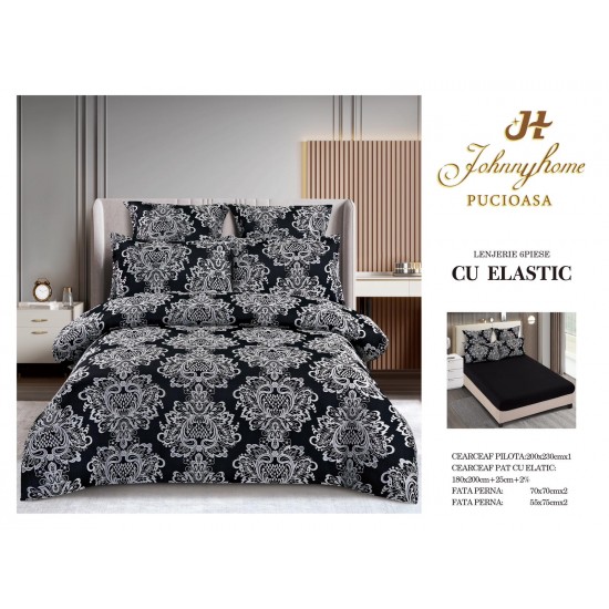 Set lenjerie de pat cu elastic, bumbac tip jacquard, 6 piese, pat 2 persoane, Negru, LDJ-028 Lenjerii Jacquard cu Finet