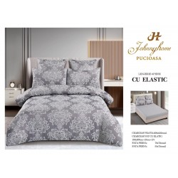 Set lenjerie de pat cu elastic, bumbac tip jacquard, 6 piese, pat 2 persoane, Gri deschis, LDJ-029