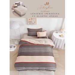 Lenjerie Finet, 4 Piese, Pat 1 persoana, cearsaf cu ELASTIC, Bej-Crem, linii, LOP-050