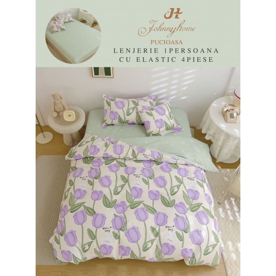 Lenjerie Finet, 4 Piese, Pat 1 persoana, cearsaf cu ELASTIC, Crem-Verde, flori, LOP-049 Lenjerii FInet 1 Persoana cu ELASTIC