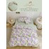 Lenjerie Finet, 4 Piese, Pat 1 persoana, cearsaf cu ELASTIC, Crem-Verde, flori, LOP-049