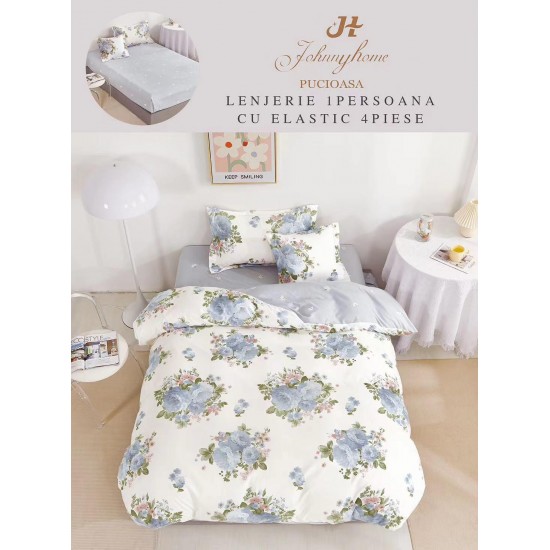 Lenjerie Finet, 4 Piese, Pat 1 persoana, cearsaf cu ELASTIC, Crem-Blue, flori,LOP-032 Lenjerii FInet 1 Persoana cu ELASTIC