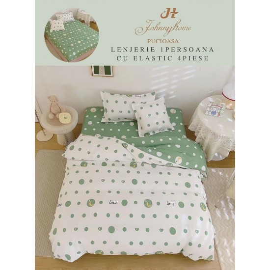 Lenjerie Finet, 4 Piese, Pat 1 persoana, cearsaf cu ELASTIC, Alb-Verde, cercuri, LOP-025 Lenjerii FInet 1 Persoana cu ELASTIC