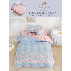 Lenjerie Finet, 4 Piese, Pat 1 persoana, cearsaf cu ELASTIC, Blue-Crem, fluturi, LOP-014