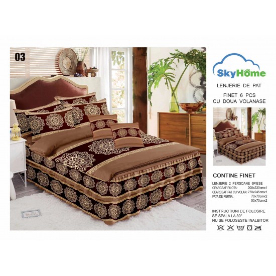 Lenjerie pat dublu, BUMBAC FINET, 6 piese, cu VOLANASE, Maro, elegant, LDV-014 Lenjerii Finet cu Volanase