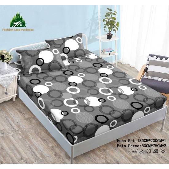 Cearșaf Cocolino cu Elastic 180x200 cm + 2 Fețe de Pernă – Model Cercuri Geometrice, Gri-Alb-Negru, HC-072 Huse Cocolino