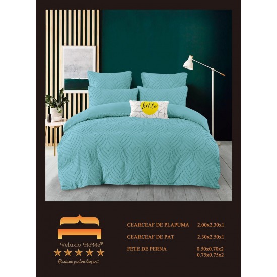 Lenjerie pat dublu, Finet Deluxe cu Smocuri Brodate, 6 piese, Bleu, LSB-027 Bumbac Superior
