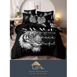 Set Lenjerie de Pat din Finet, 6 Piese, Pat 2 Persoane, Imprimeu 3D Identic cu Poza, Negru-Gri, tigru, LFL-006