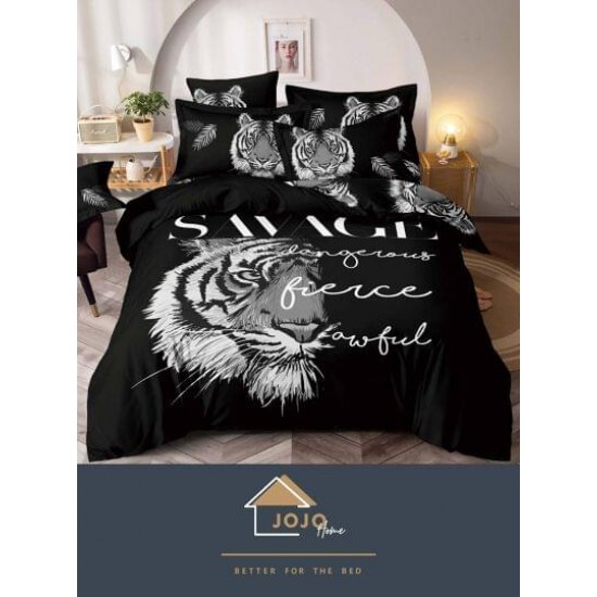 Set Lenjerie de Pat din Finet, 6 Piese, Pat 2 Persoane, Imprimeu 3D Identic cu Poza, Negru-Gri, tigru, LFL-006 Lenjerii Finet PREMIUM LUX