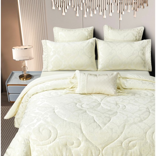 Lenjerie de pat cu elastic si pilota inclusa, bumbac tip jacquard, pat dublu, 7 piese, Crem, PJD-06 Pilote Jacquard 7 piese