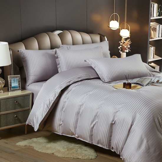 Lenjerie, pat dublu, cu ELASTIC, Damasc Finetat, 6 piese, Gri-deschis, LDS-061 Lenjerii Damasc 6 piese cu Cearsaf cu ELASTIC