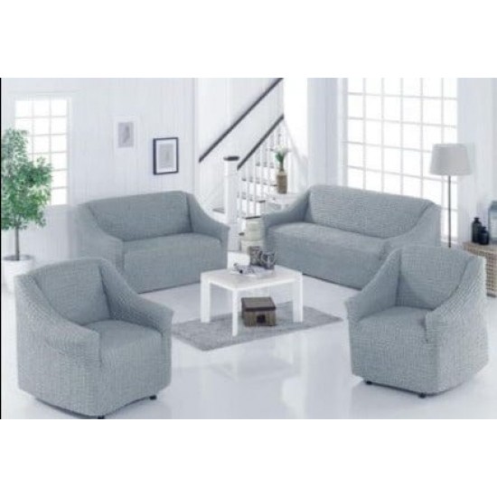 Set 4 Huse Creponate fara Volane, Pentru Canapea 3 Locuri, Canapea 2 locuri si 2 Fotolii, Gri deschis, HCC-002 Huse Canapea 3 Locuri, 2 Locuri plus 2 Huse Fotoliu Creponat