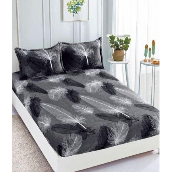 Cearșaf Cocolino cu Elastic 180x200 cm + 2 Fețe de Pernă – Model Pene, Culoare Gri Antracit, HC-004 Huse Cocolino