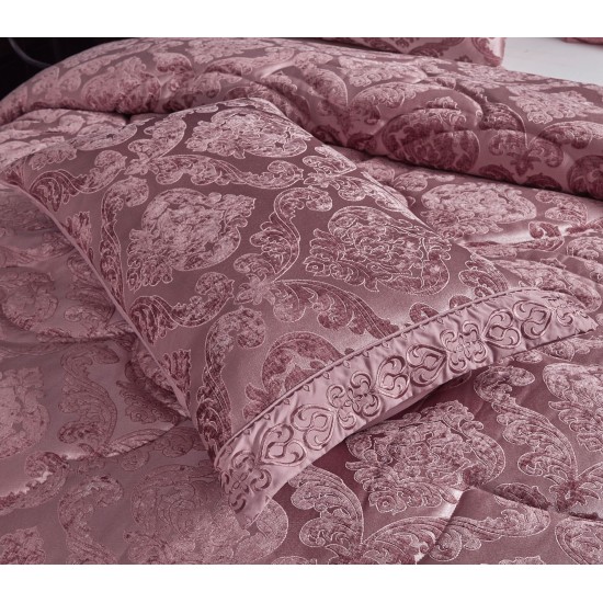 Lenjerie de pat cu elastic si pilota inclusa, bumbac tip jacquard, pat dublu, 7 piese, Roz inchis, PJD-04 Pilote Jacquard 7 piese