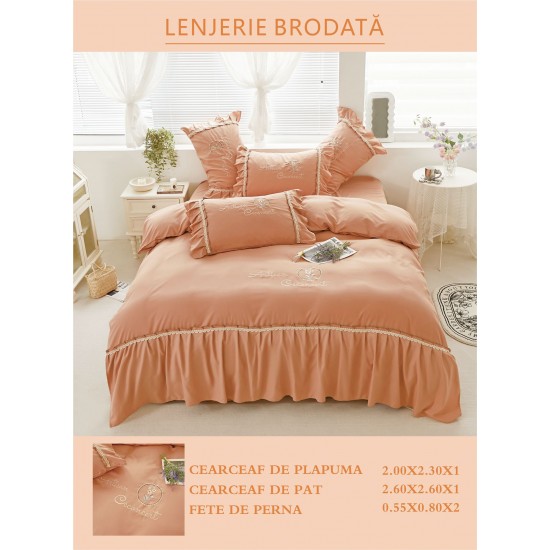 Lenjerie brodata pentru pat dublu, BUMBAC-FINET-FIN, 4 piese, cu VOLANASE, Portocaliu, LFB-021 Lenjerii brodate