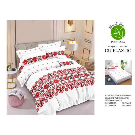 Set Lenjerie de pat din Finet Gros, Cearceaf cu ELASTIC, 6 Piese, Pat 2 Persoane, Multicolor, model traditional, LDE-004 Lenjerii Finet 6 piese cu ELASTIC