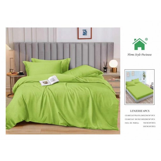 Lenjerie, pat dublu, cu ELASTIC, Damasc Finetat, 6 piese, Verde, LDS-075 Lenjerii Damasc 6 piese cu Cearsaf cu ELASTIC