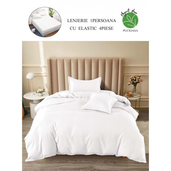 Lenjerie de pat din Finet cu cearsaf cu elastic,4 Piese, Pat 1 Persoana, Alb, PCG-051 Horeca