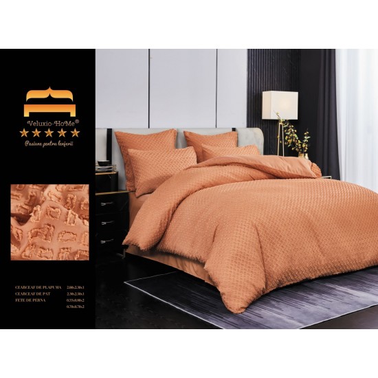 Lenjerie pat dublu, Finet Deluxe cu Smocuri Brodate, 6 piese, Portocaliu, LSB-010 Bumbac Superior