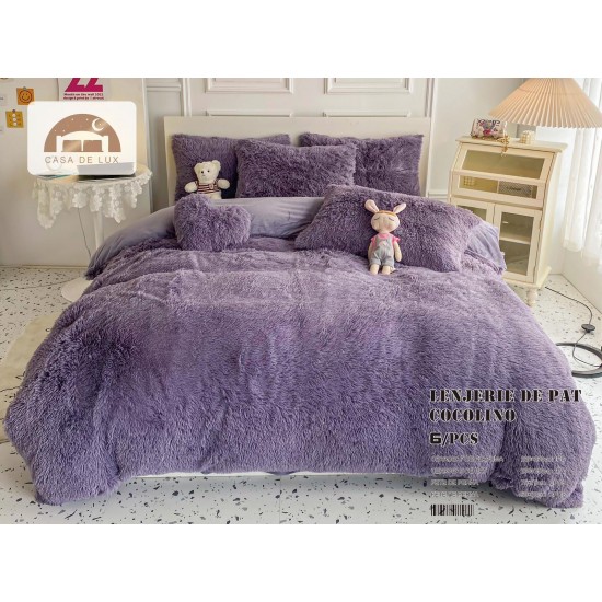 Lenjerie Fluffy Mov 6 Piese Pat Dublu – Moale, Călduroasă și Elegantă , LCF-015 Lenjerii Cocolino Fluffy