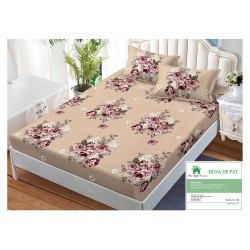 Husa pat cu elastic, Bumbac FINET, 180x200cm, 2 fete de perne 50x70cm, Maro, flori, HDF-041