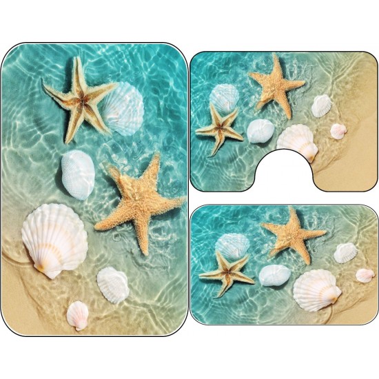 Set 3 Covorase Baie Antiderapante, Turquoise-Crem, scoici, CAM-079 Set covorase baie antiderapante