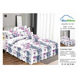 Lenjerie pat dublu, BUMBAC FINET, 6 piese, cu VOLANASE, Alb, flori, LDV-016