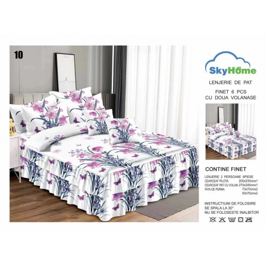 Lenjerie pat dublu, BUMBAC FINET, 6 piese, cu VOLANASE, Alb, flori, LDV-016 Lenjerii Finet cu Volanase