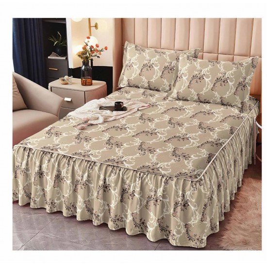 Cearsaf cu volanase, Bumbac FINET, plus  2 fete de perne 50x70cm,  Bej, elegant, LDBS-160 3 lenjerii la 199 lei