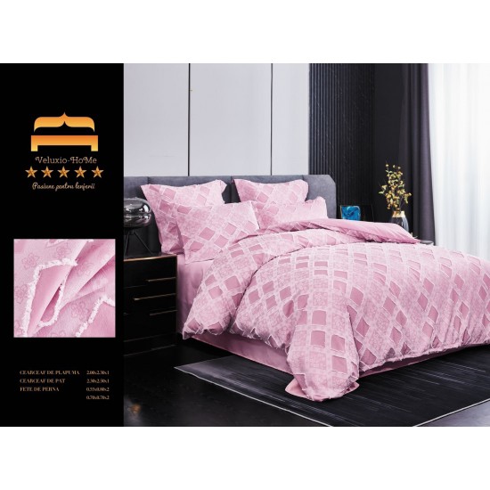 Lenjerie pat dublu, Finet Deluxe cu Smocuri Brodate, 6 piese, Roz, LSB-009 Bumbac Superior