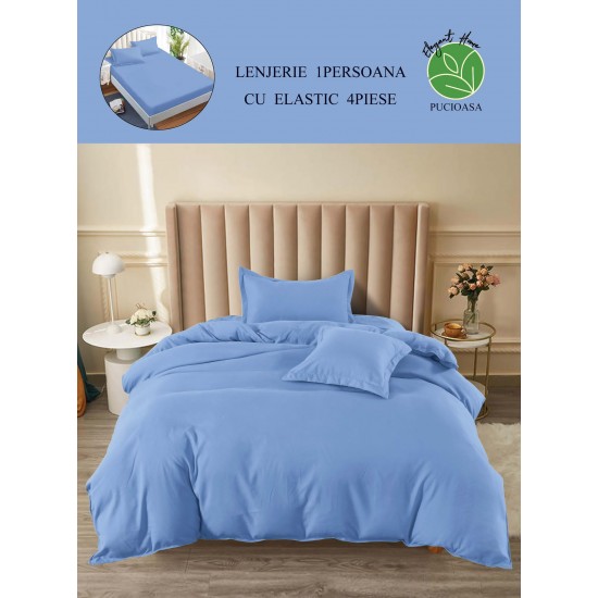 Lenjerie de Pat din Finet, 4 Piese, Pat 1 Persoana, cu ELASTIC, Blue, LFS-049 Lenjerii Finet 1 persoana