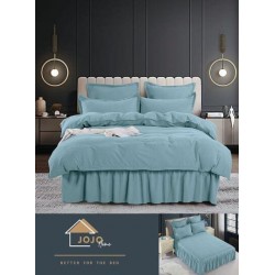 Lenjerie pat dublu, BUMBAC FINET, 6 piese, cu volanase, Jojo, Bleu, LVU-010