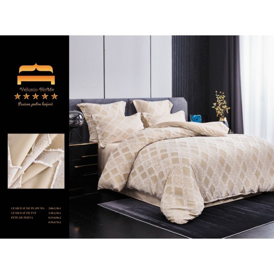 Lenjerie pat dublu, Finet Deluxe cu Smocuri Brodate, 6 piese, Bej, LSB-008 Bumbac Superior